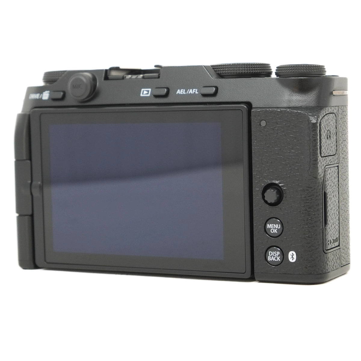Black camera body with screen and control buttons on a white background