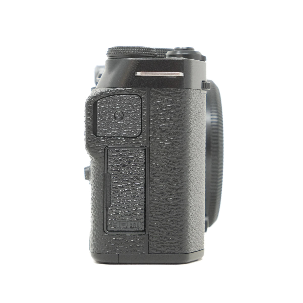 Black camera body on a white background