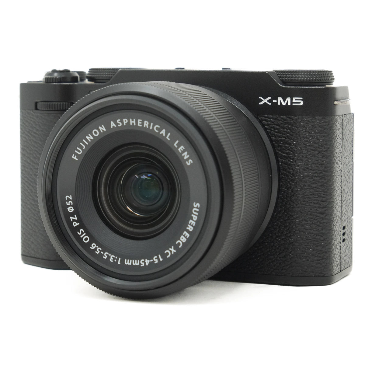 Black Fujifilm camera with lens on a white background