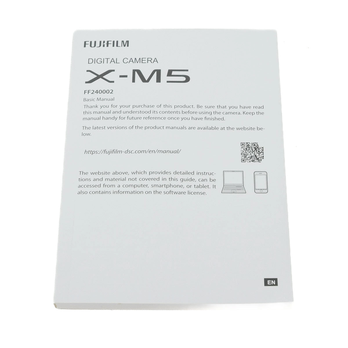 Fujifilm X-M5 digital camera manual on a white background