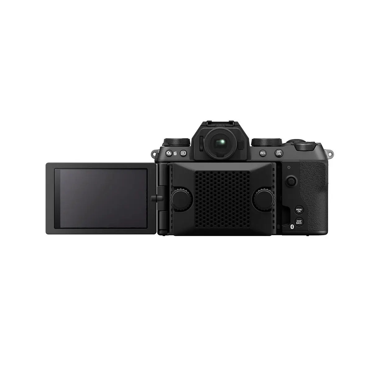 Fujifilm X-S20 Mirrorless Camera with XC 15-45mm Lens Vlogger Kit back angle with screen rotated and cooling fan attached