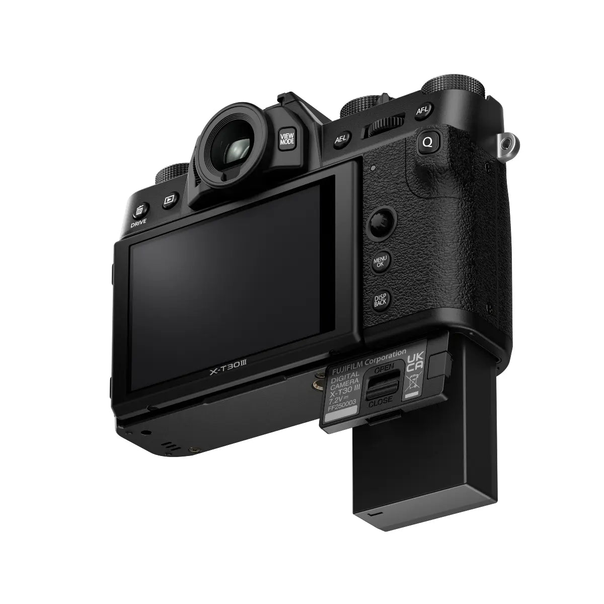 Black camera body with screen and control buttons on a white background