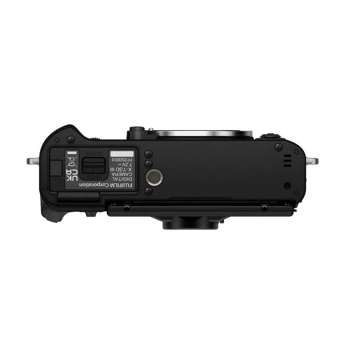 Black camera body with control buttons on a white background