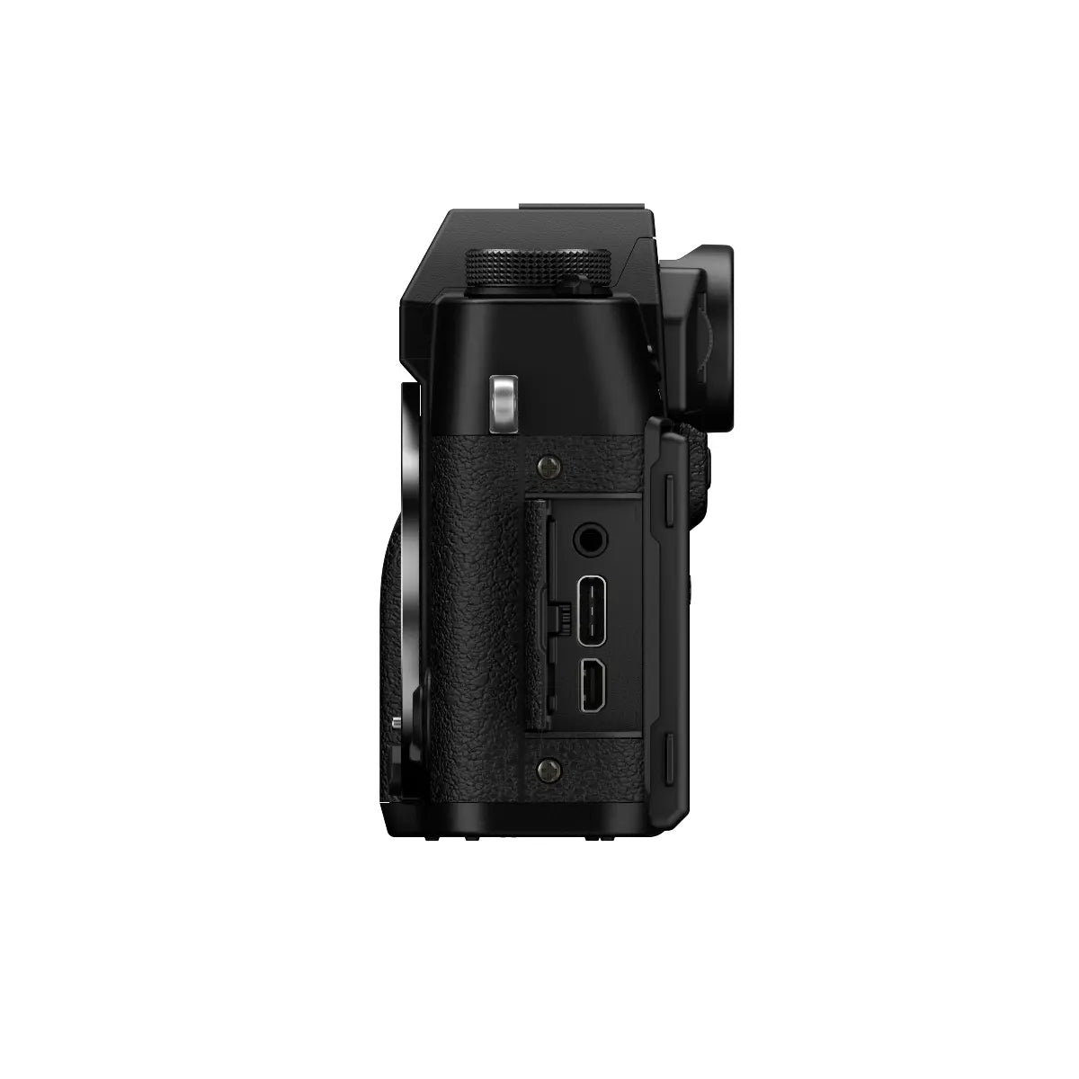 Black camera body on a white background