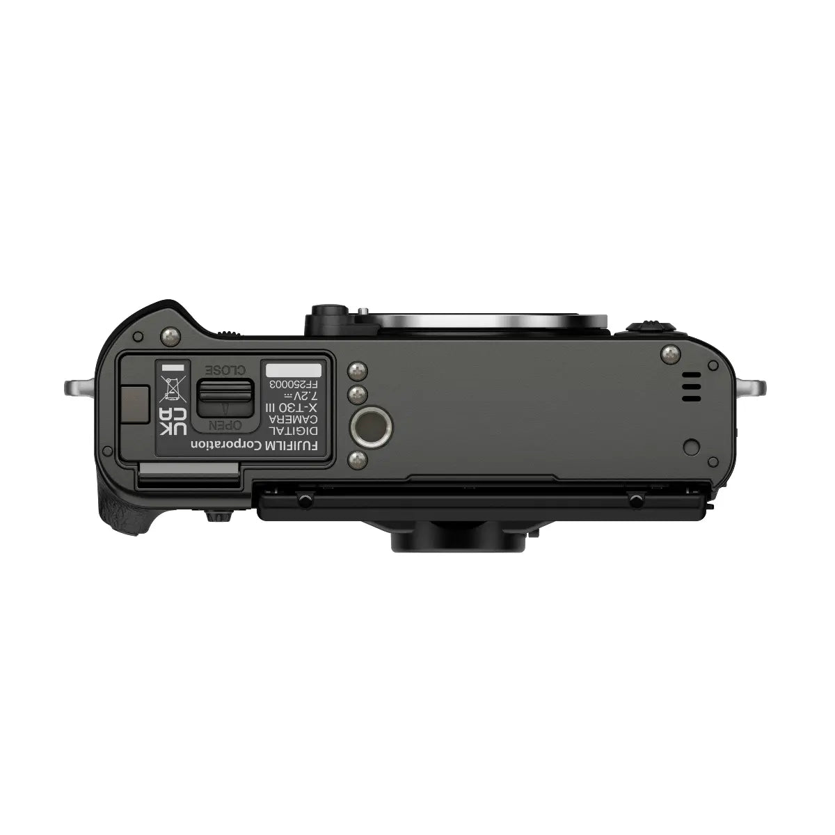 Back view of a camera body on a white background