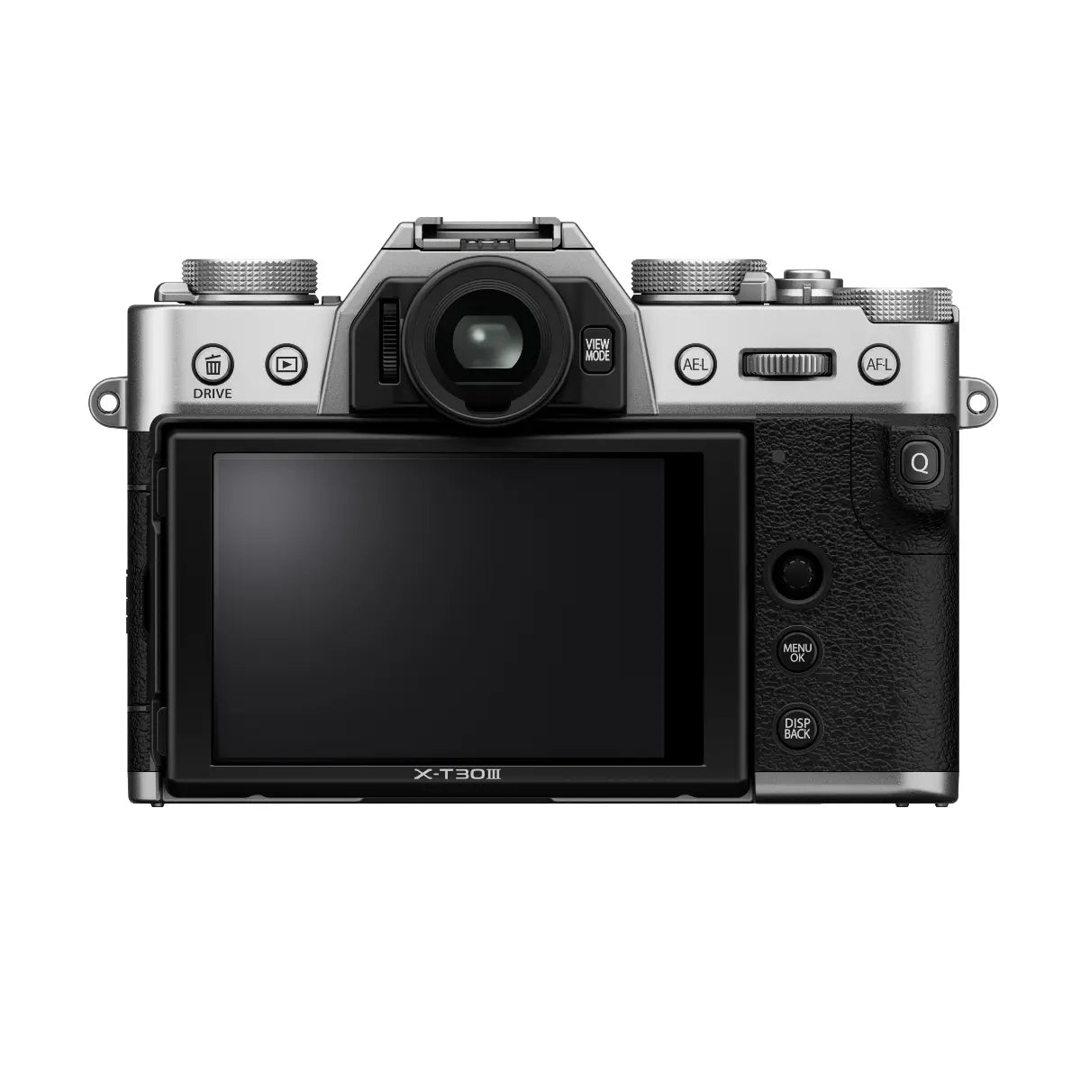 Digital camera with a black screen and silver top on a white background
