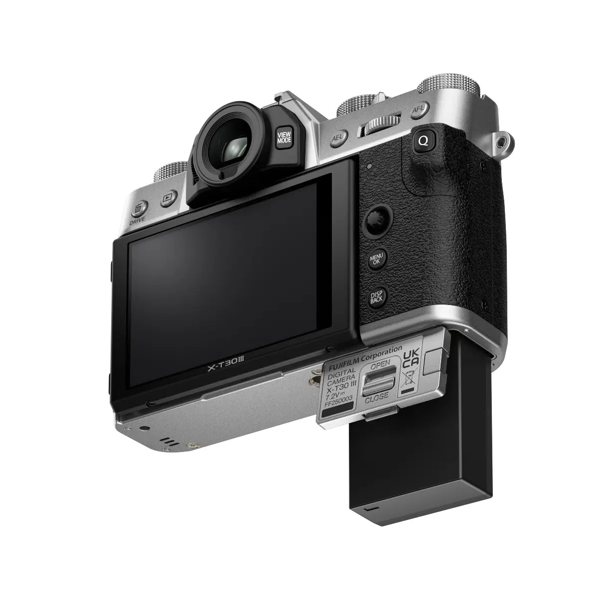 Digital camera with flip-out screen on a white background