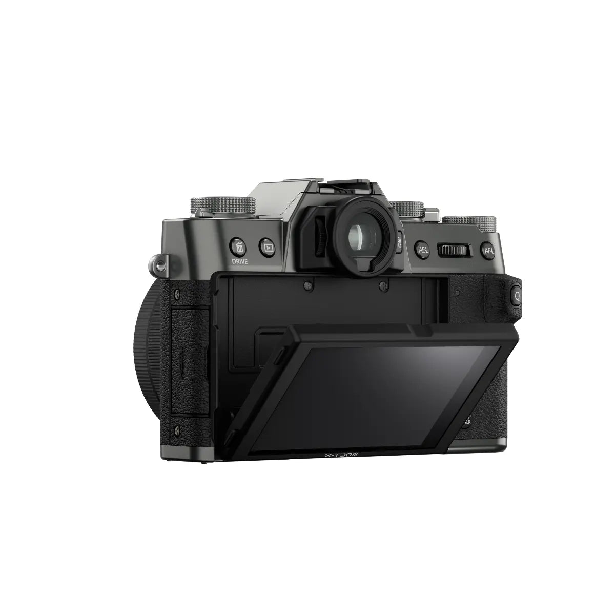 Black camera body on a white background
