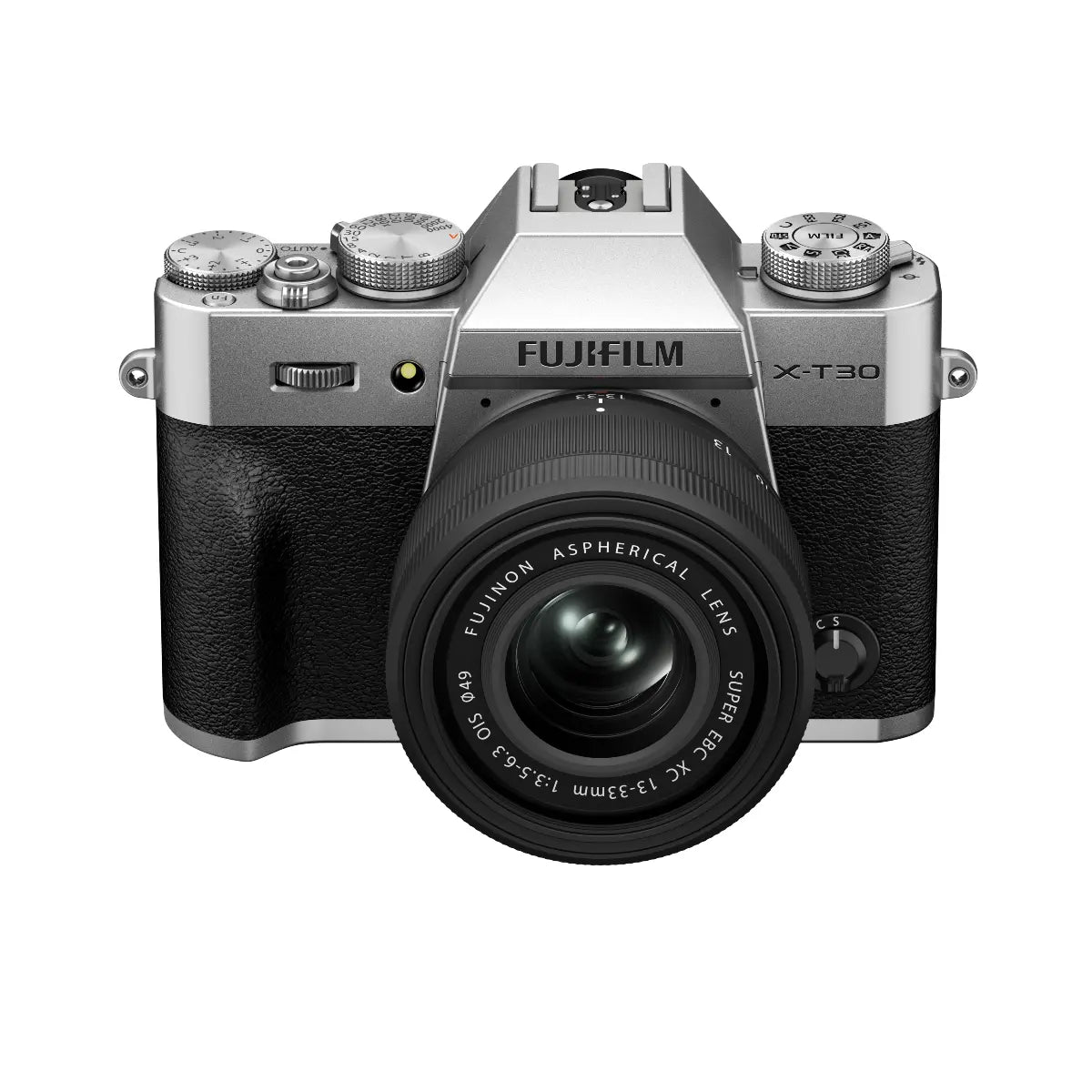 Fujifilm camera with silver top and black body on a white background