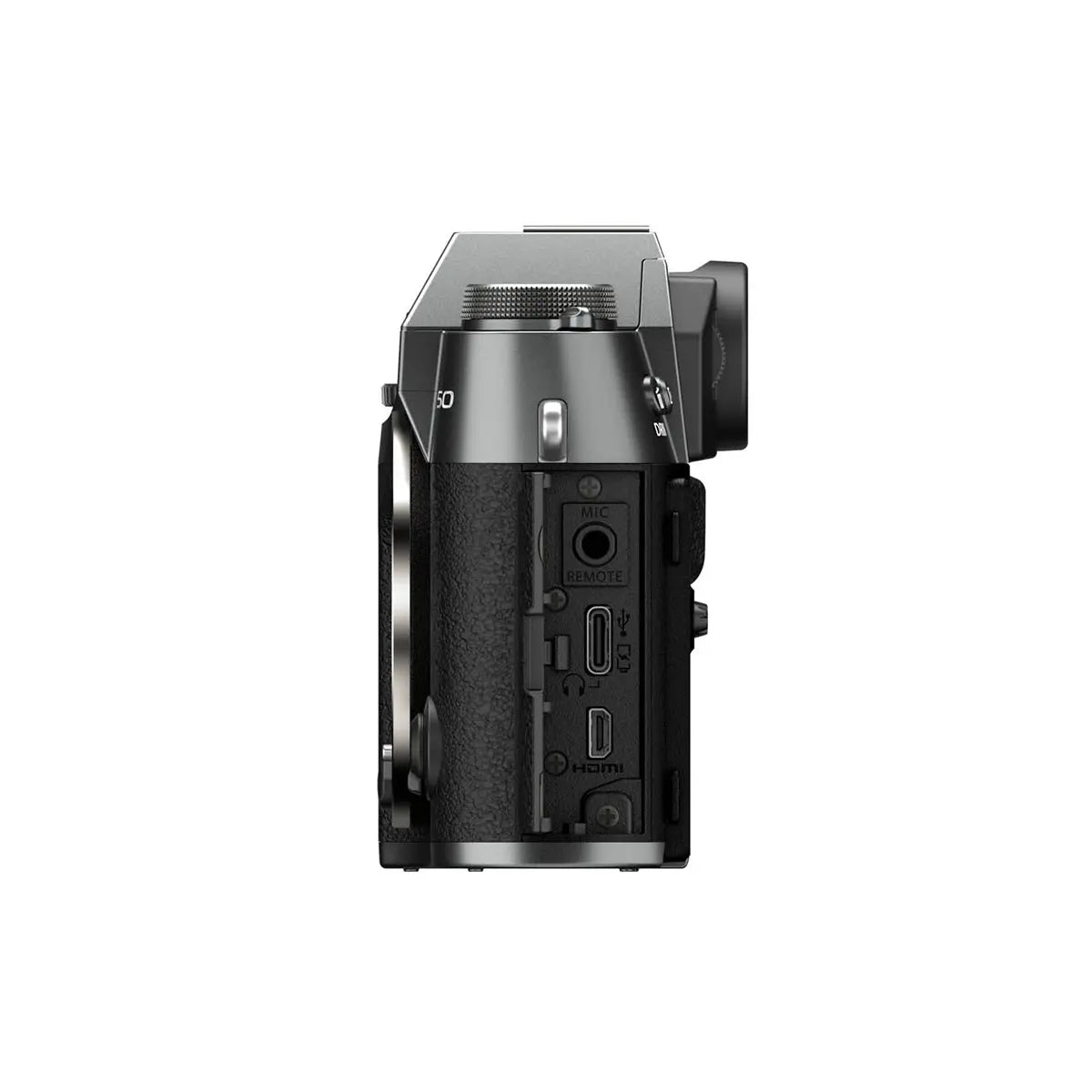 Fujifilm X-T50 Camera with XF 16-50mm F2.8-4.8 R LM WR Lens - Charcoal Silver side with media ports open