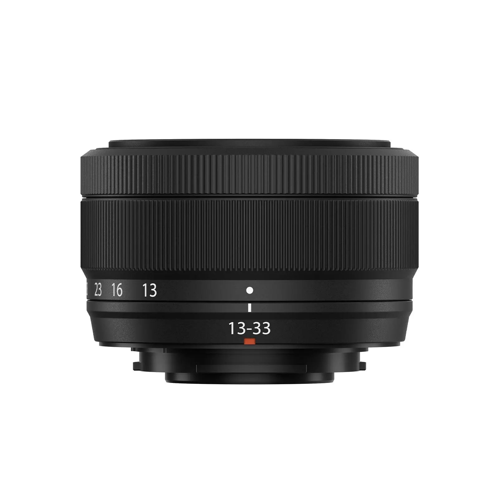 Black camera lens with focus and aperture information on a white background