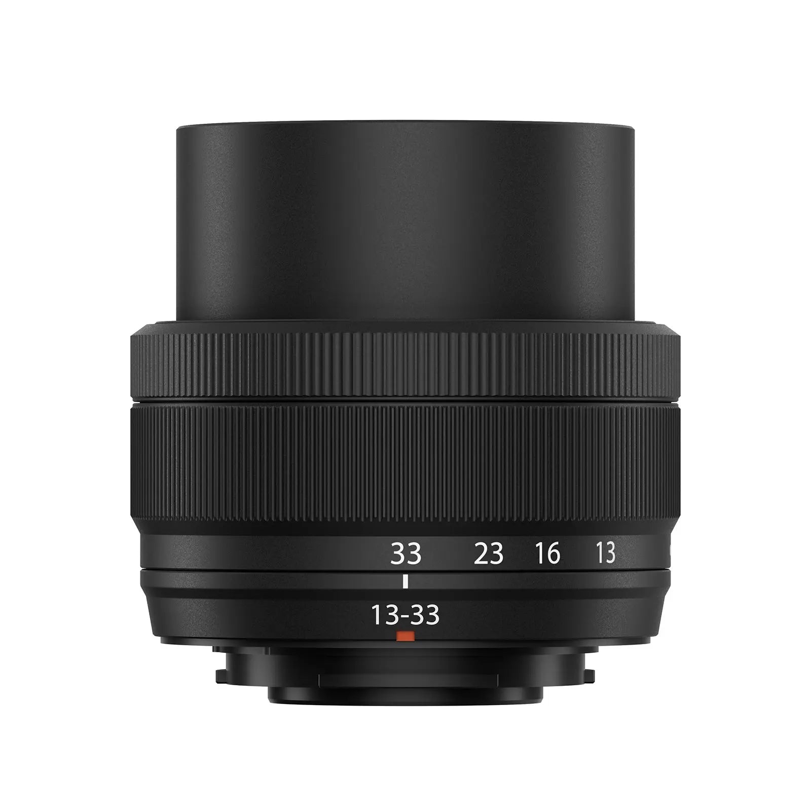Black camera lens with focus scale on a white background