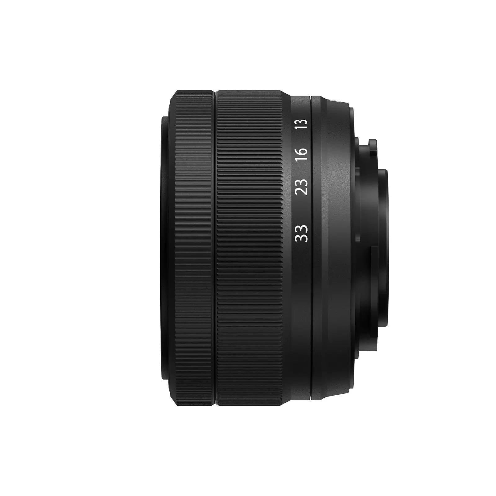 Black camera lens on a white background