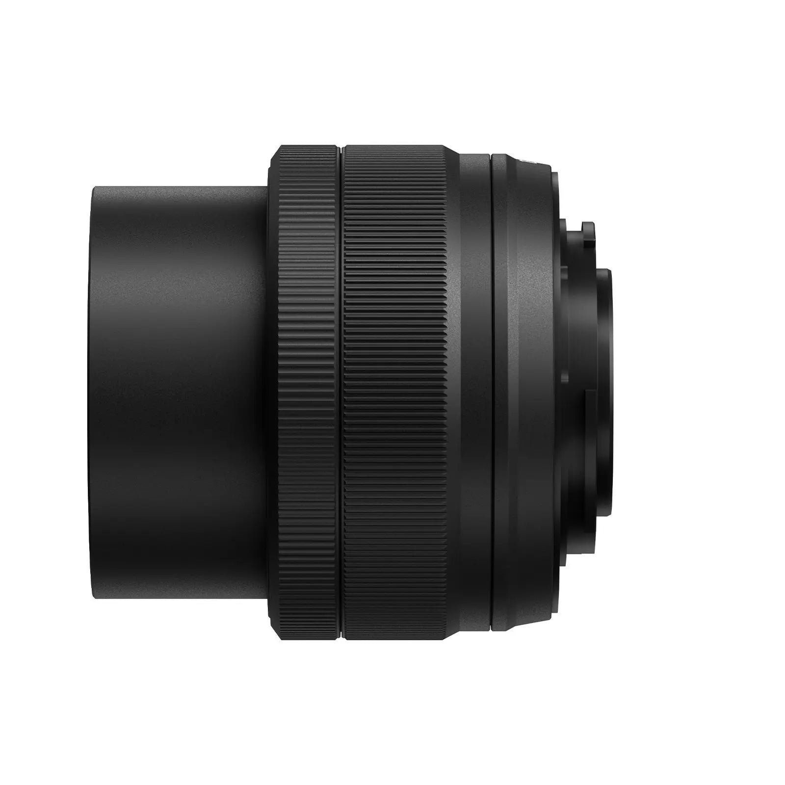 Black camera lens on a white background