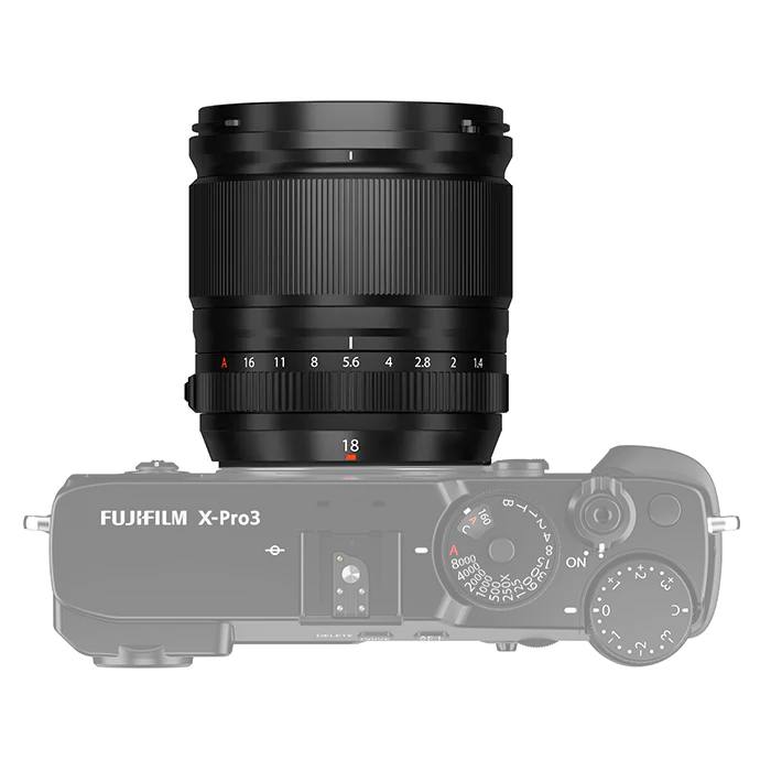 Fujifilm XF 18mm F1.4 LM WR lens top on camera