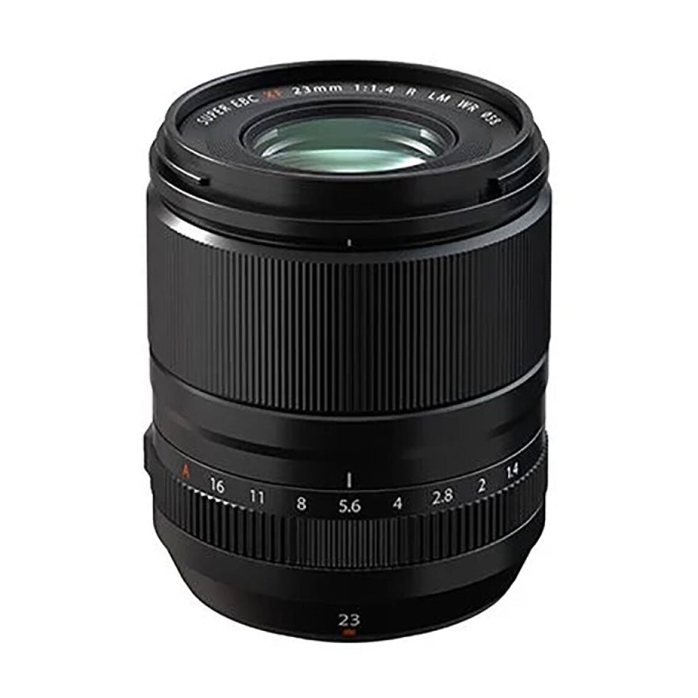 Fujifilm XF 23MM F1.4 R LM WR Lens product photo side angle vertical