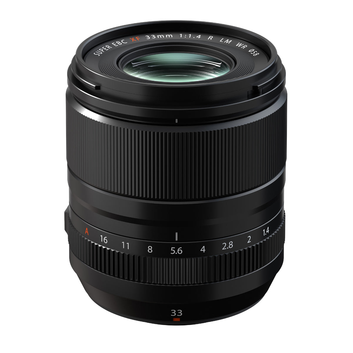 Fujifilm XF 33mm f1.4 R LM WR Lens product photo side angle vertical