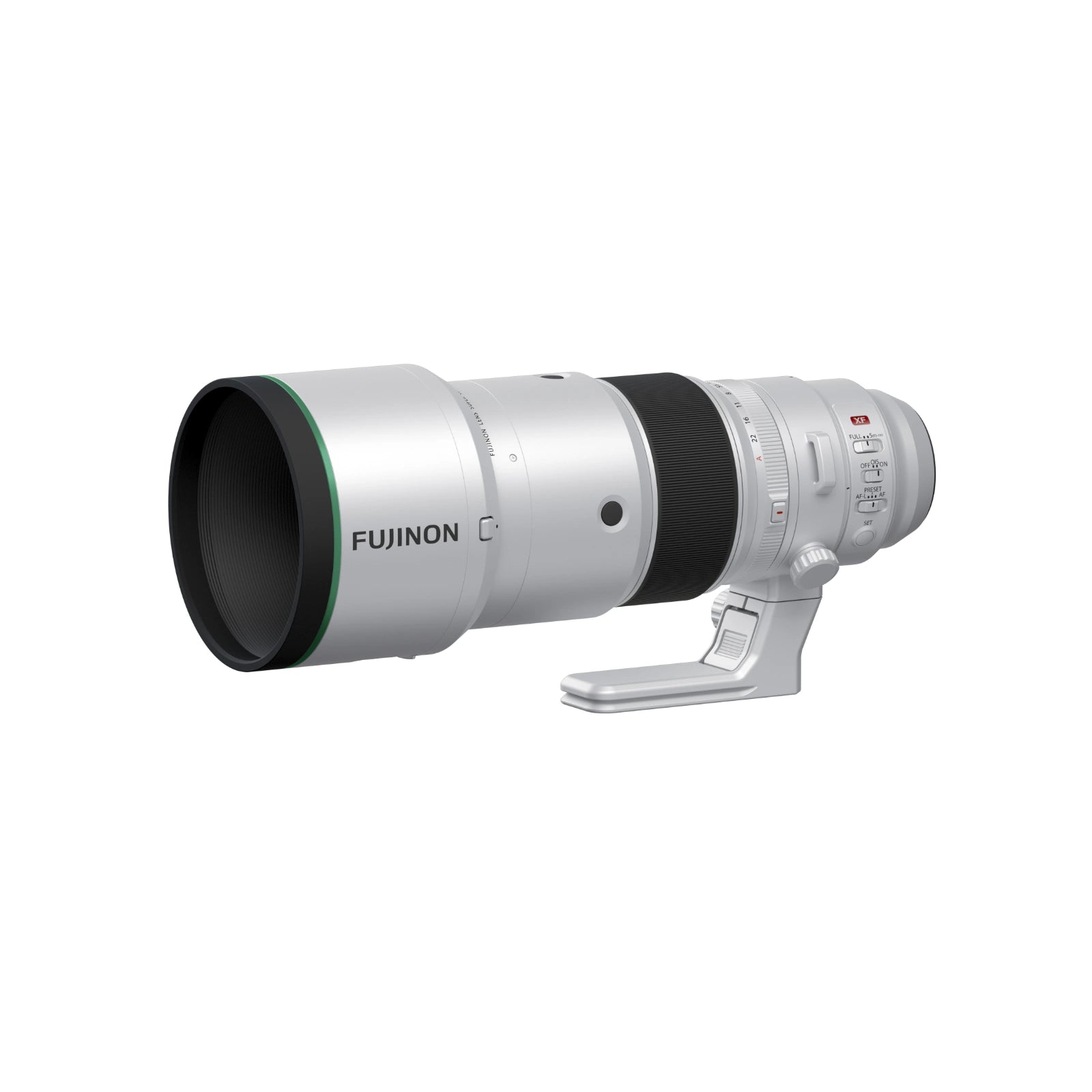 A silver Fujinon telephoto lens with a black front element, a green accent ring, and a silver tripod mount, shown on a plain white background.