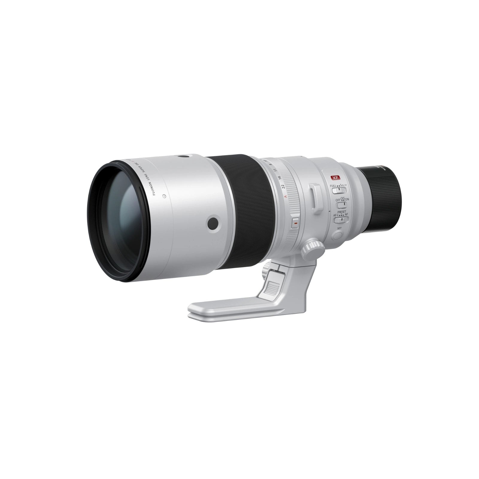 A silver and black Fujifilm lens with an integrated stand, shown from the side against a solid white background.