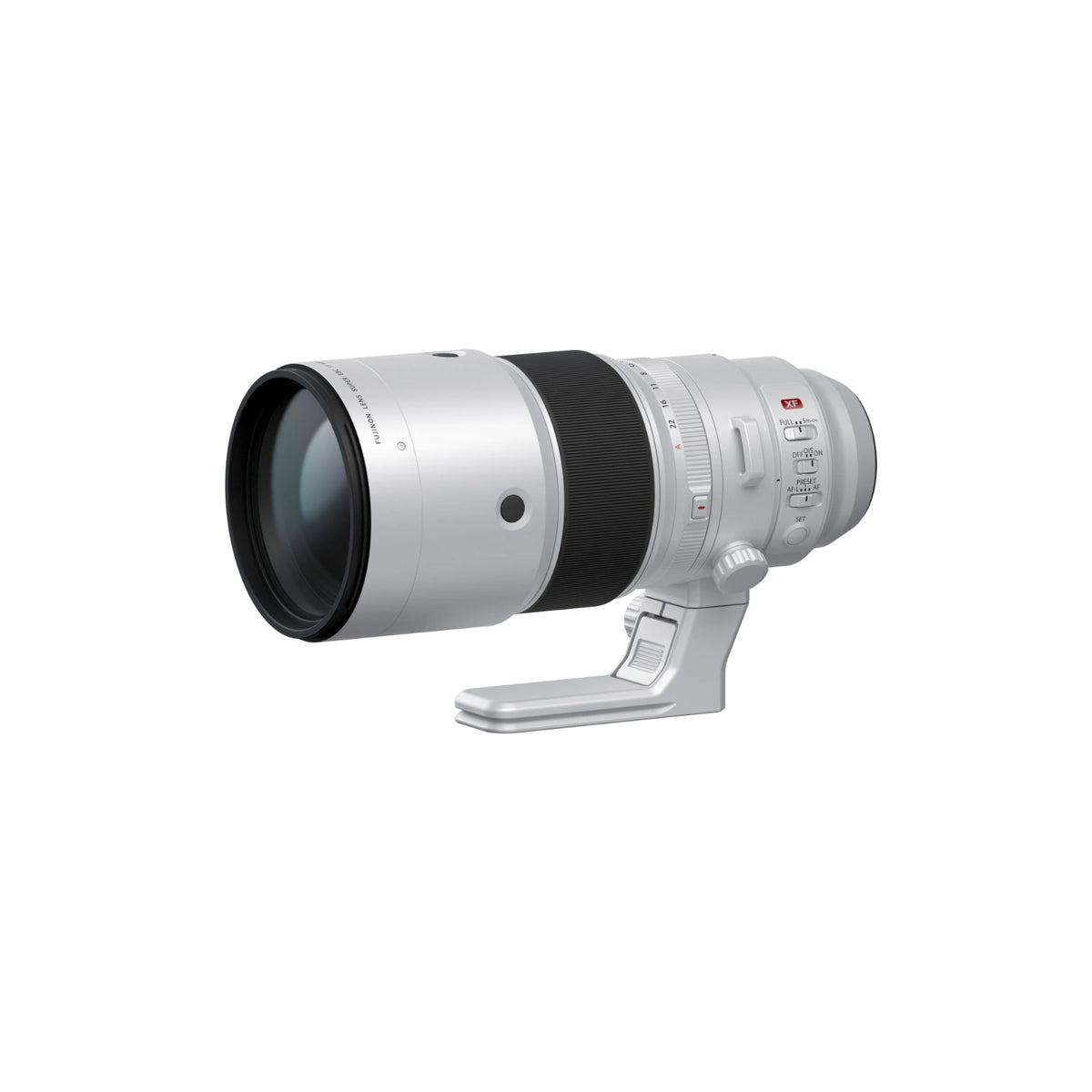 A silver and black Fujifilm lens with a metal tripod collar, shown from a three-quarters angle on a solid white background.