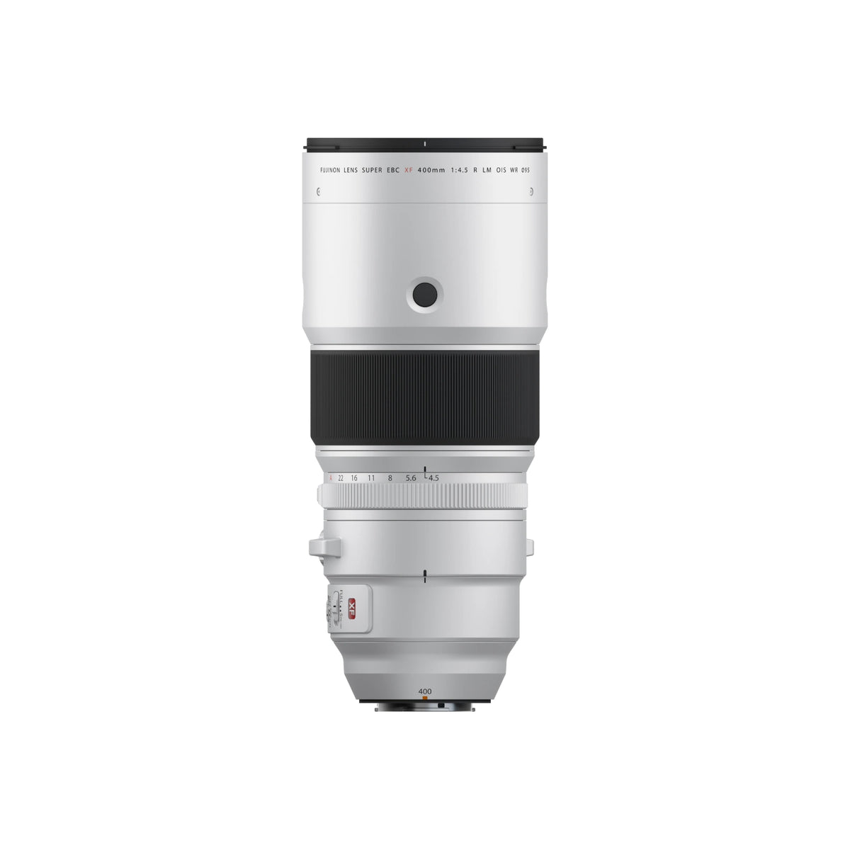 A silver and black Fujifilm lens with an integrated stand, shown from the top against a solid white background.