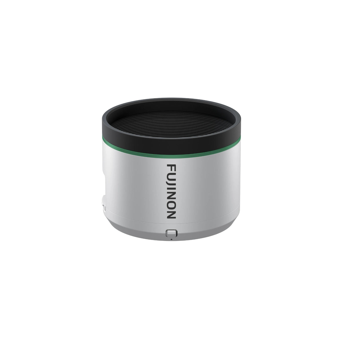 A Fujinon lens lens hood with a silver body, a black top rim, and a thin green accent ring, shown on a plain white background.