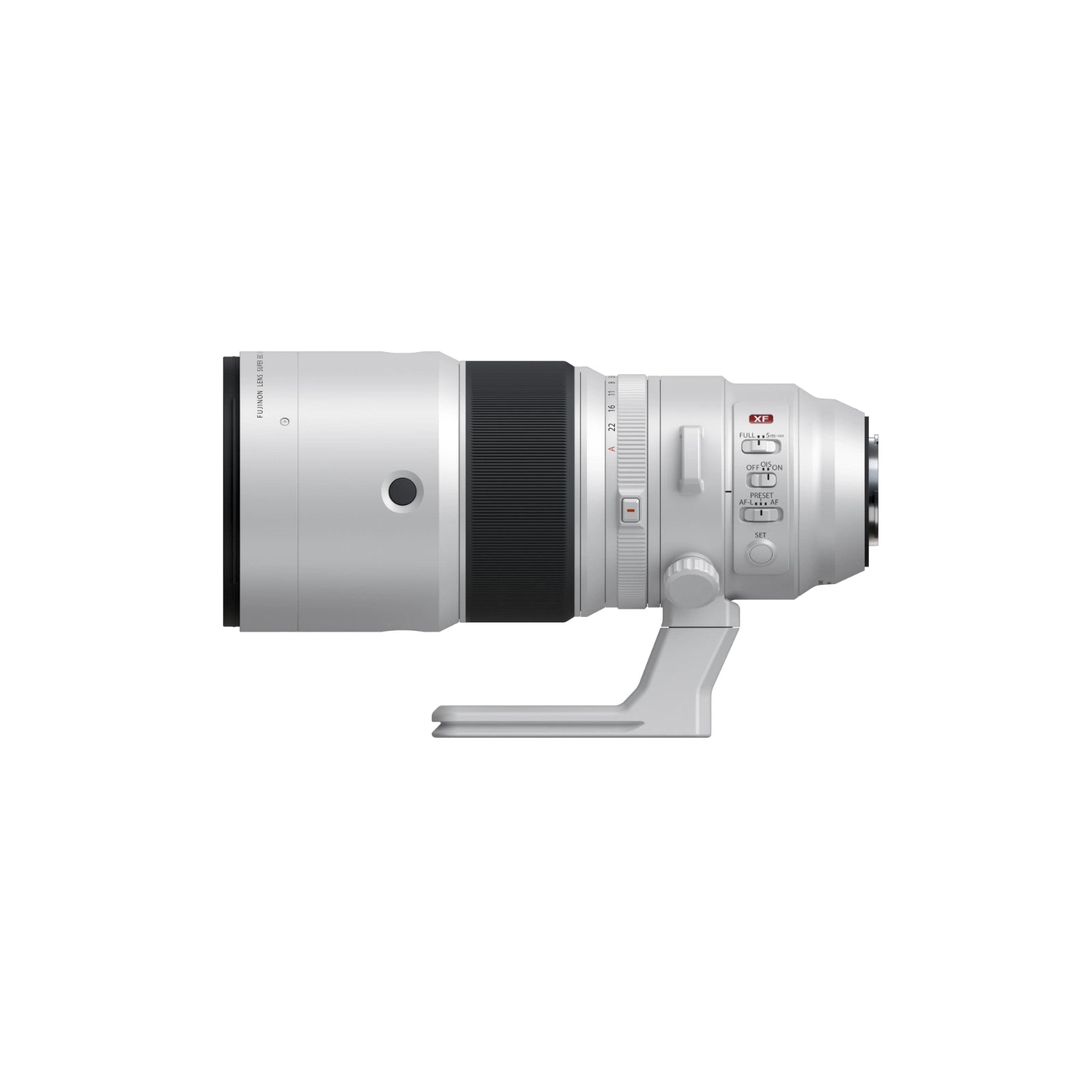 A silver and black Fujifilm lens with an integrated stand, shown from the side against a solid white background.