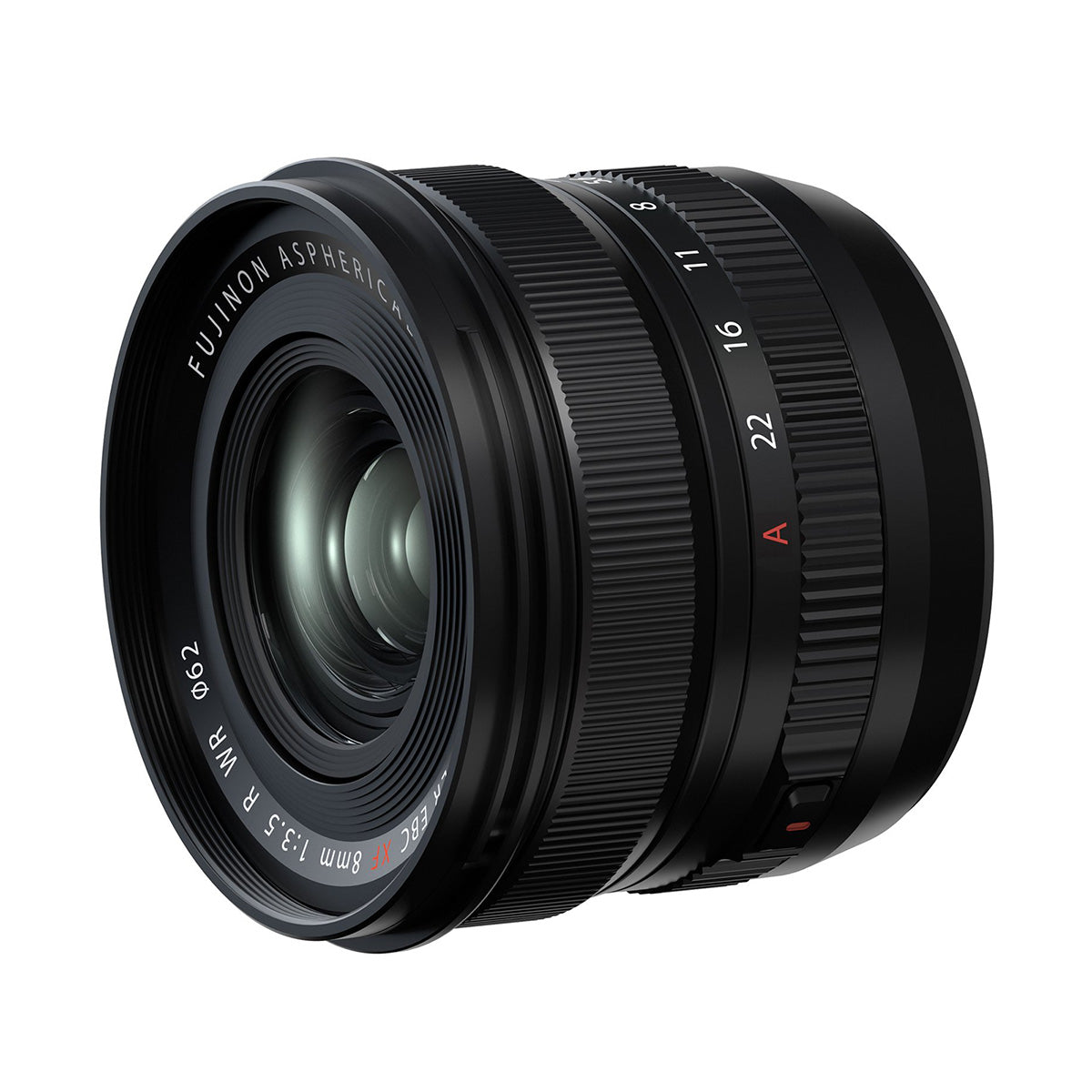 Fujifilm XF 8mm F3.5 R WR lens product photo side angle