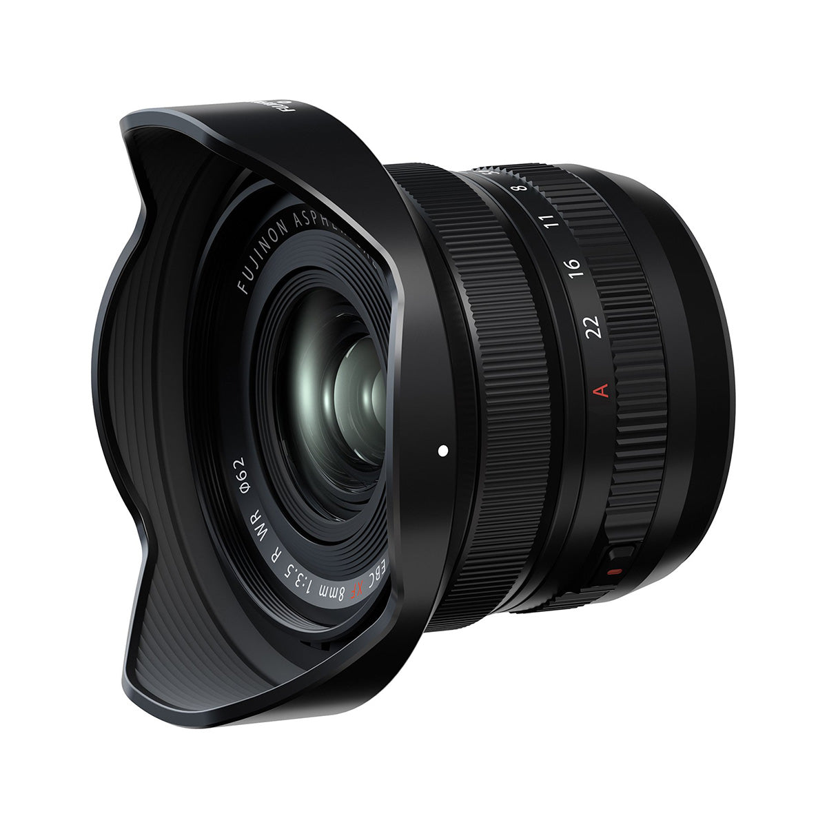 Fujifilm XF 8mm F3.5 R WR lens product photo side angle with lens hood