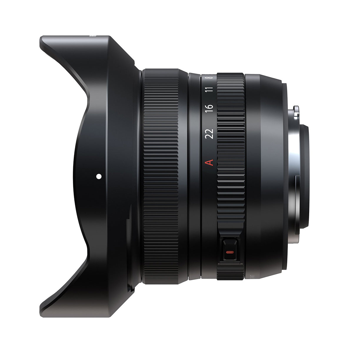 Fujifilm XF 8mm F3.5 R WR lens product photo side with lens hood