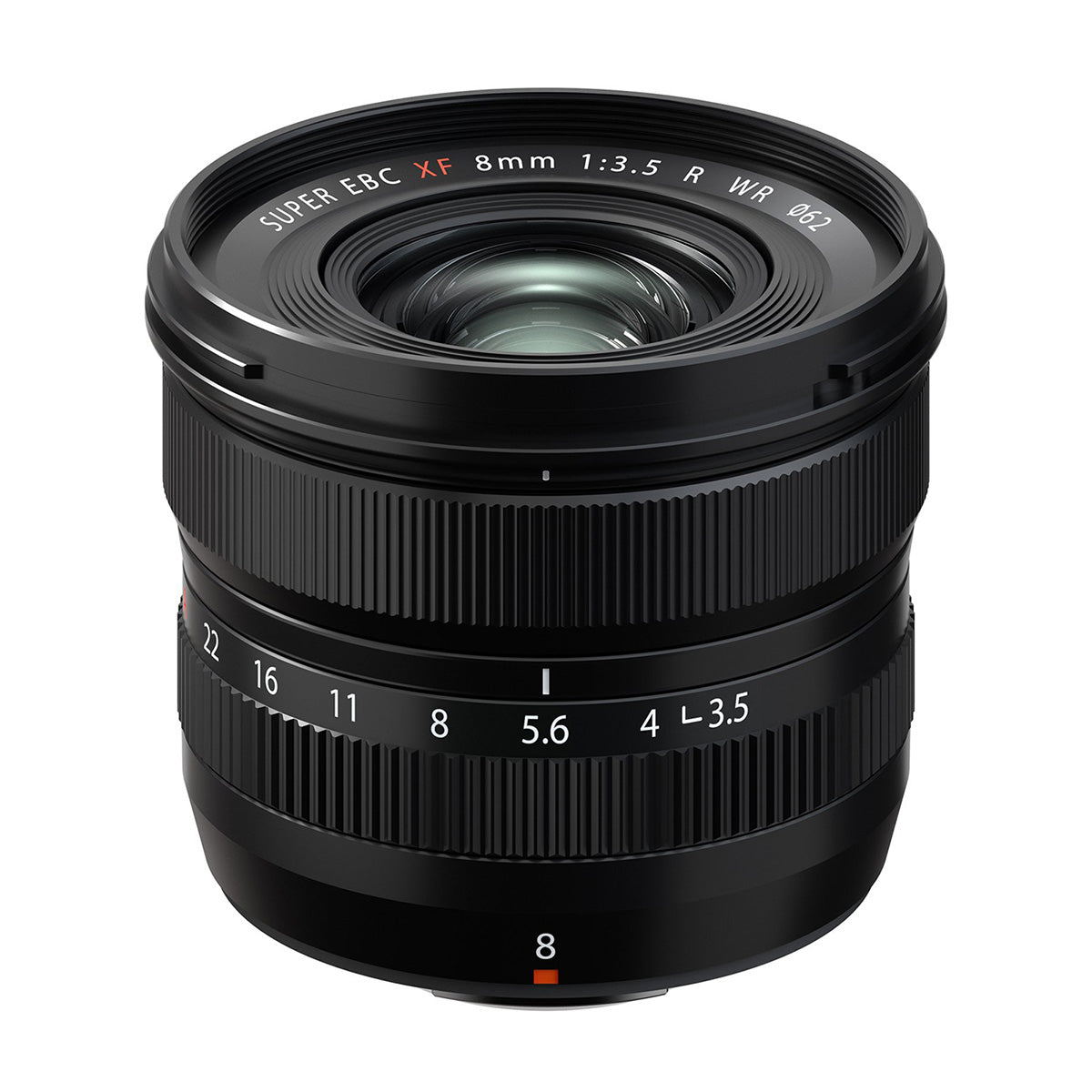 Fujifilm XF 8mm F3.5 R WR lens product photo top angle