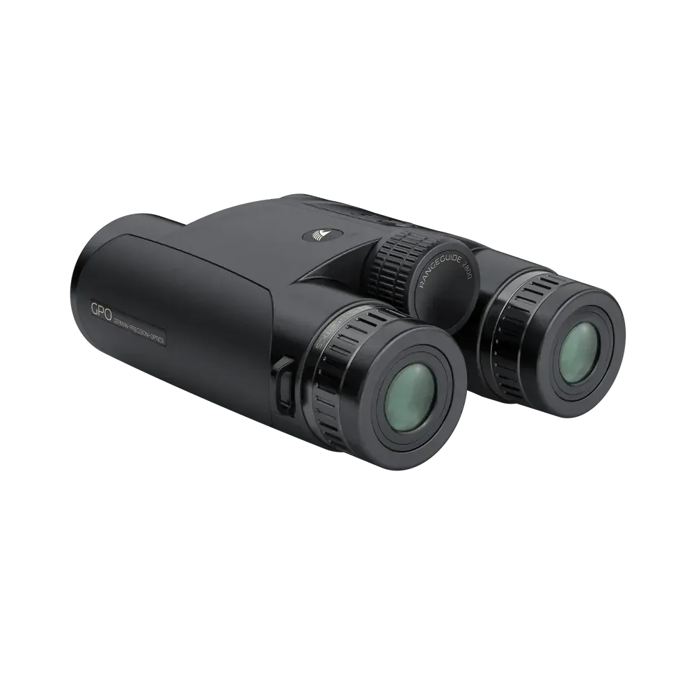 Black binoculars with a visible brand logo on a white background
