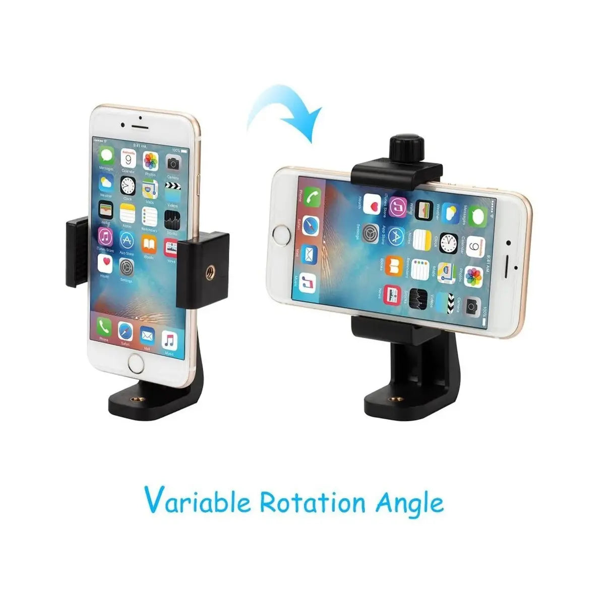 Phone holder with variable rotation angle feature on a white background
