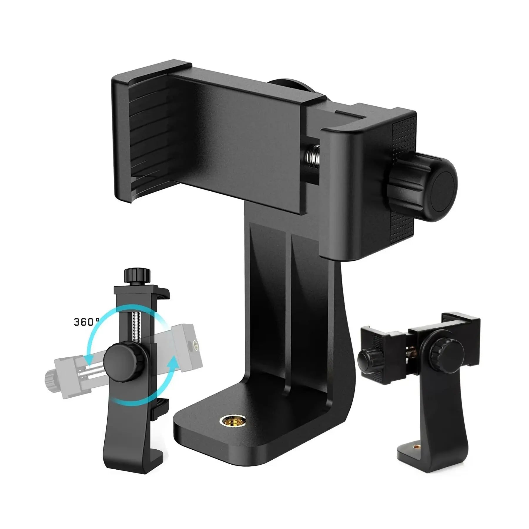 Black adjustable phone holder with 360-degree rotation feature on a white background