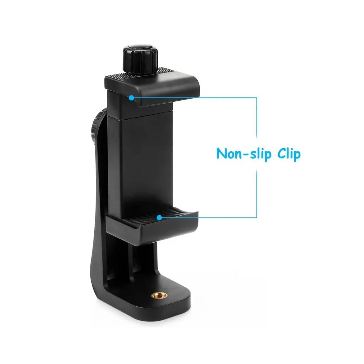 Black phone holder with non-slip clip on a white background