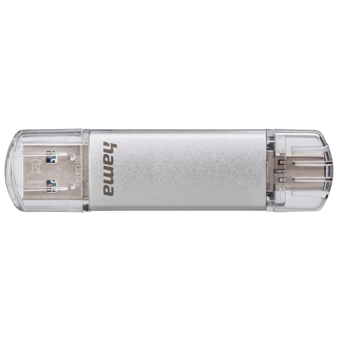 Silver USB flash drive with Hama branding on a white background