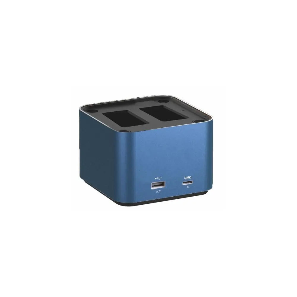 Blue electronic device with ports on a white background