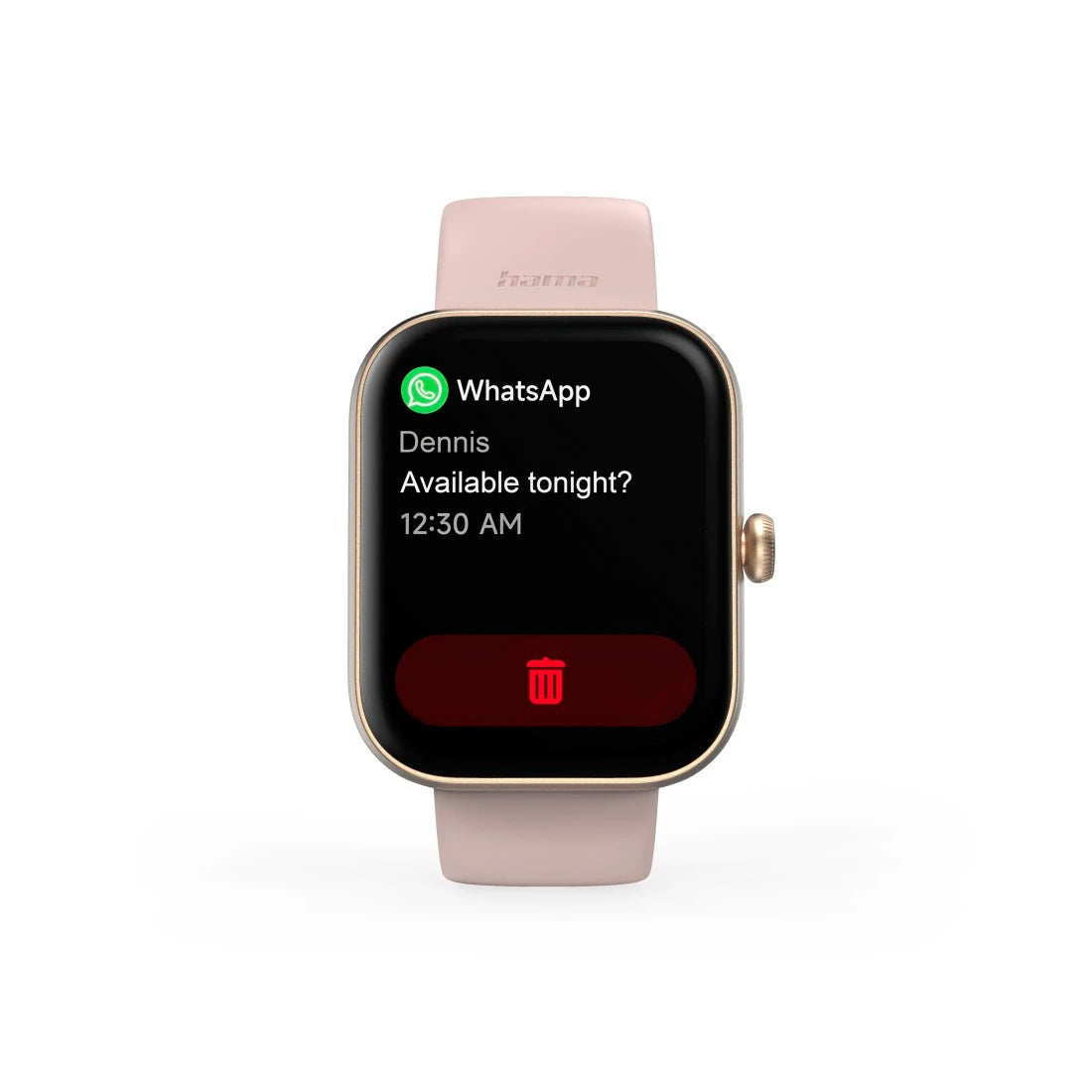 Smartwatch with a WhatsApp notification on a white background