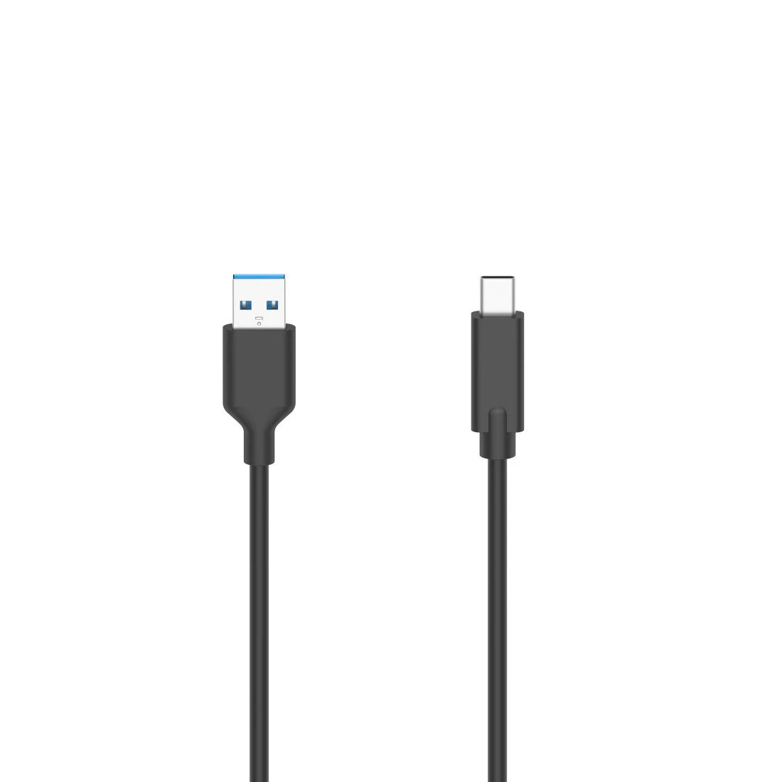 Black USB cable with one end being USB Type-A and the other being USB Type-C on a white background.