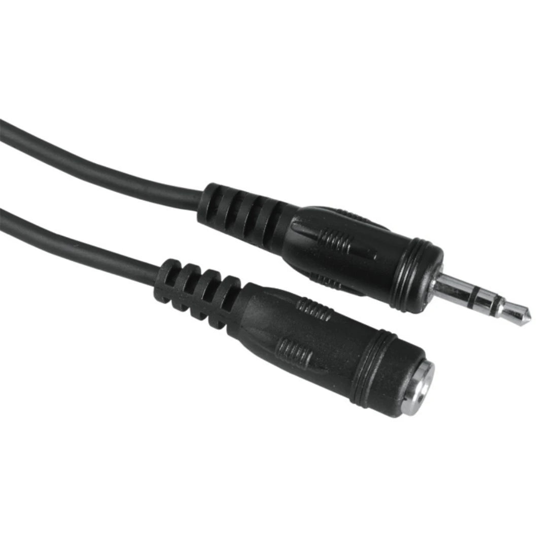 Black audio cable with 3.5mm connectors on a white background