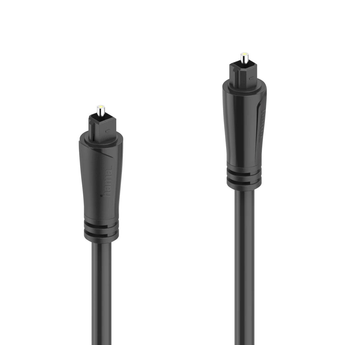 Two black fiber optic cables with connectors on a white background