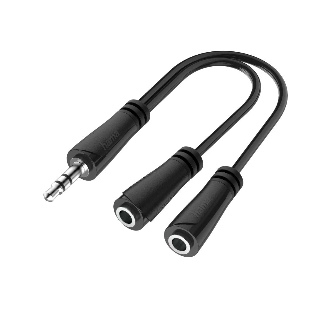 Black audio adapter cable with 3.5mm connectors on a white background