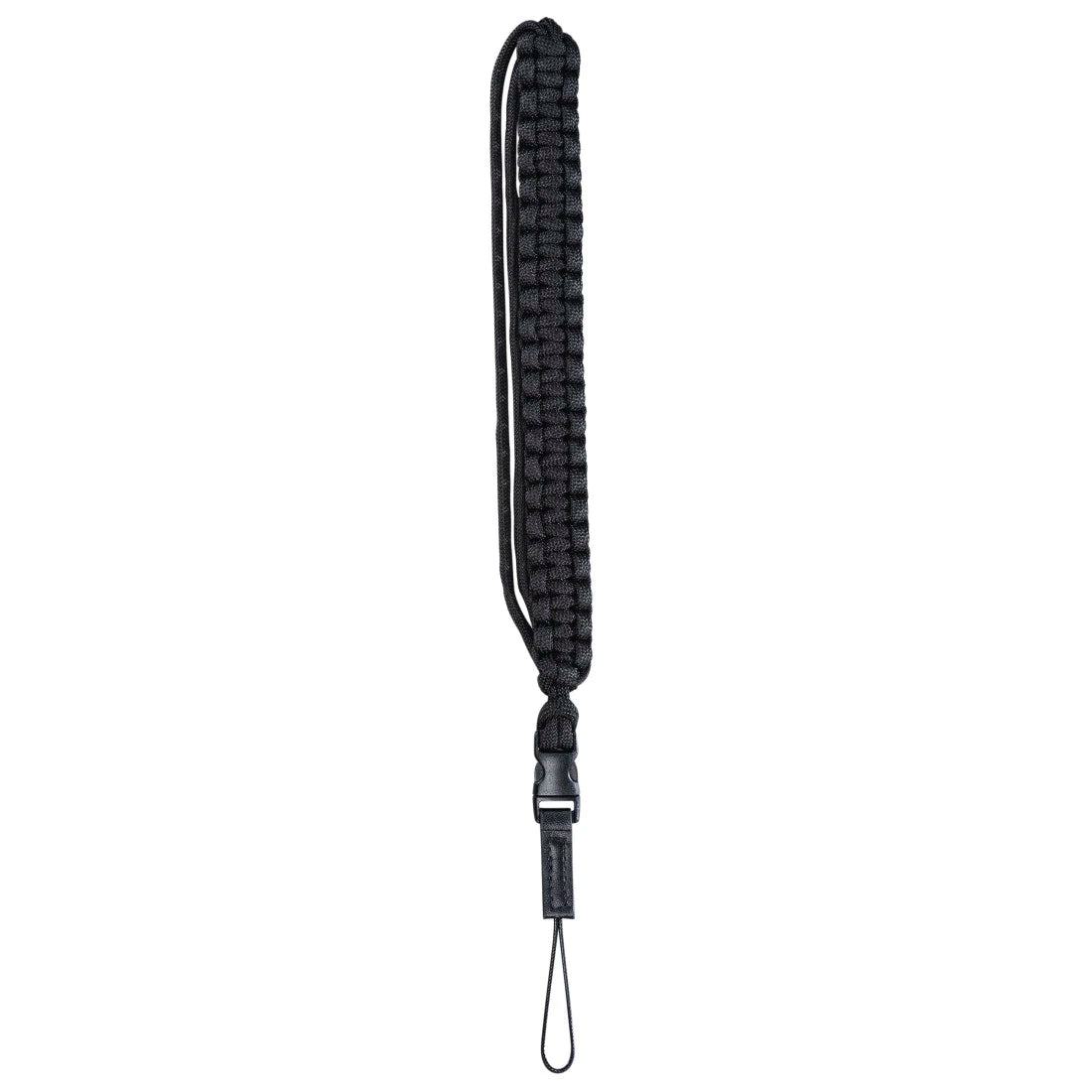 Black paracord lanyard on a white background