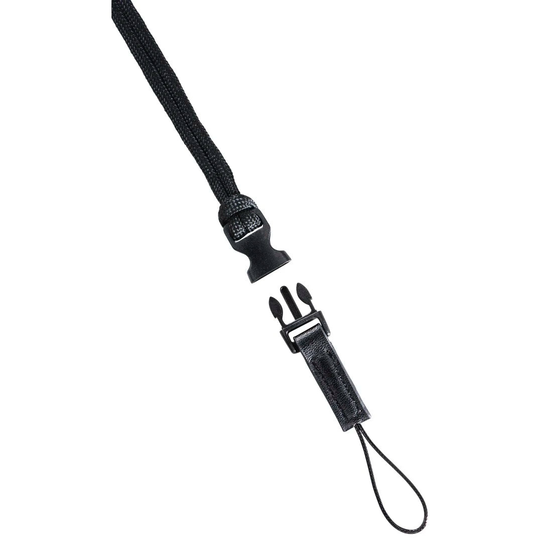 Black lanyard with detachable clip on a white background