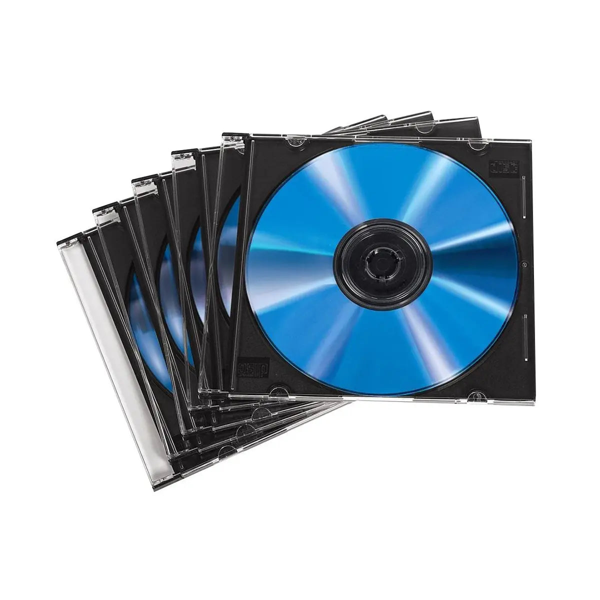 Set of CD cases with blue discs on a white background