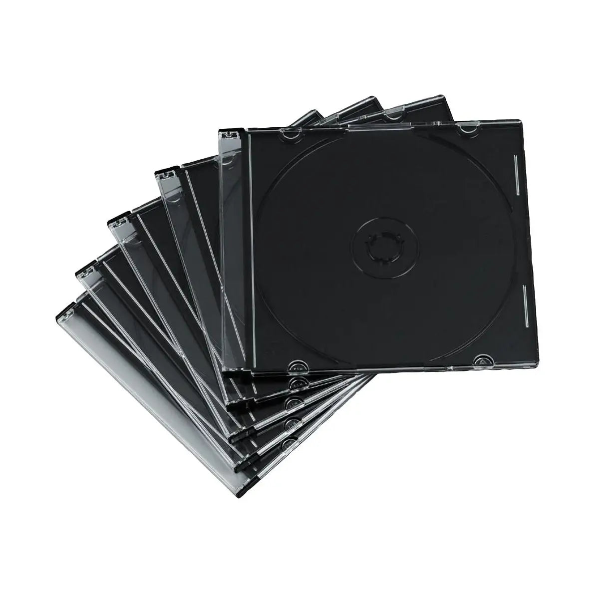 Stack of black CD cases on a white background
