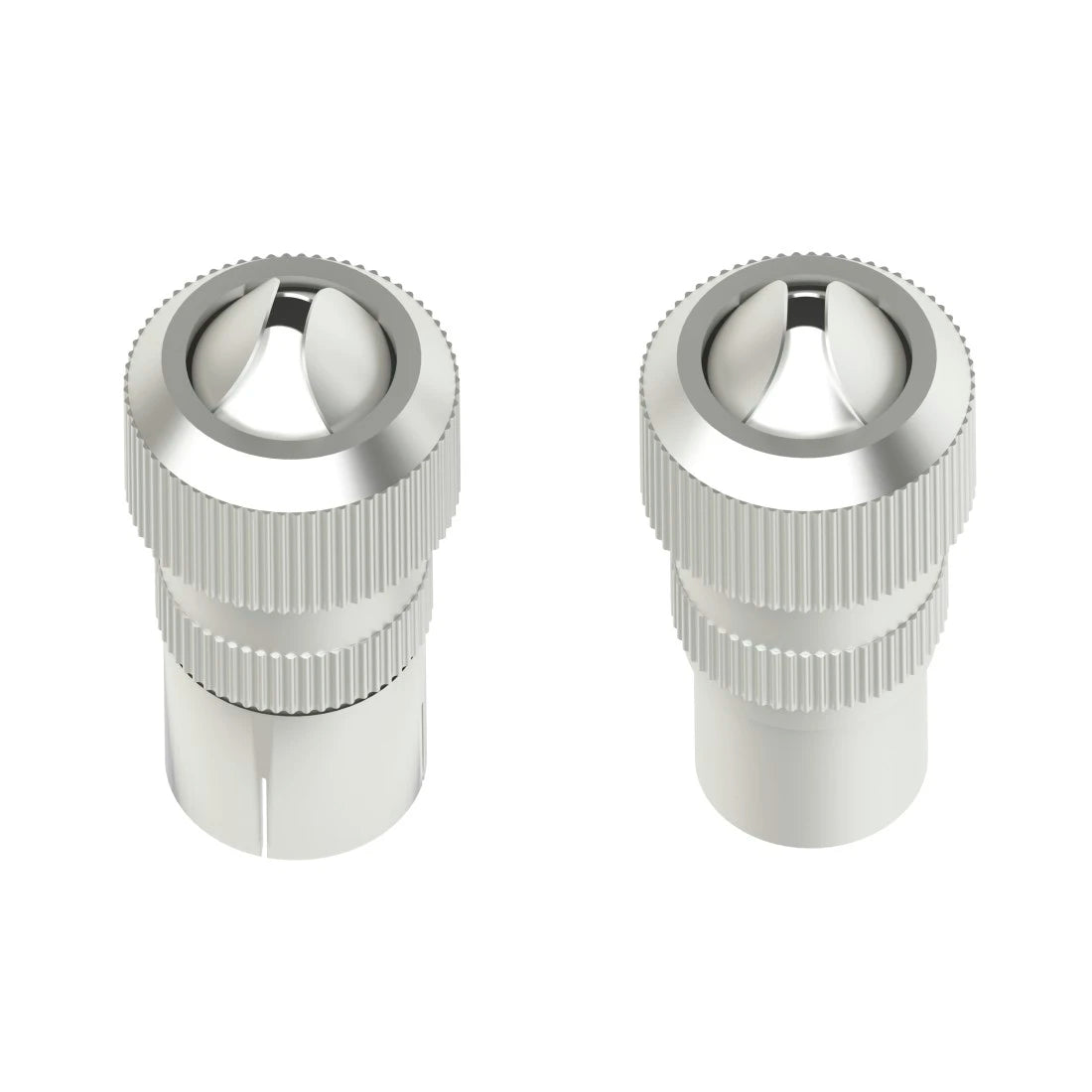 Two silver metal knobs on a white background