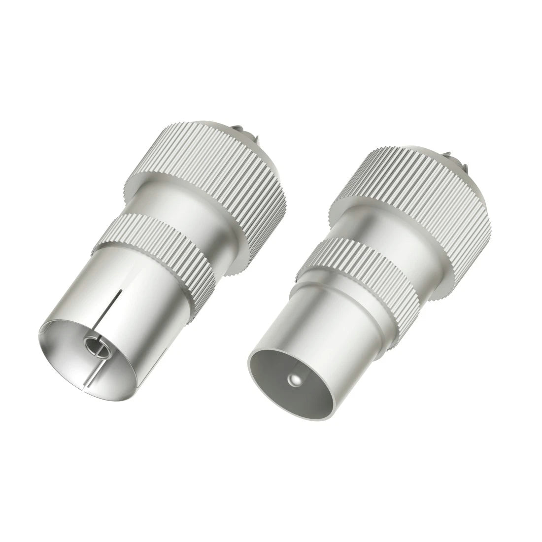 Two silver coaxial connectors on a white background