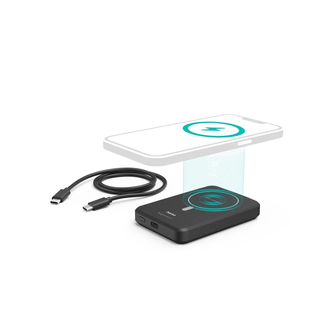 Wireless charging pad, phone, and cable on a white background