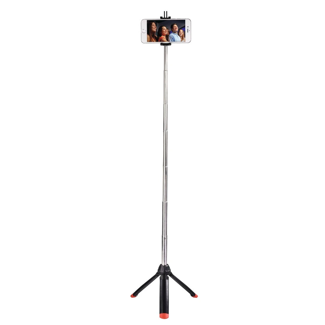 Selfie stick with smartphone holder on a white background